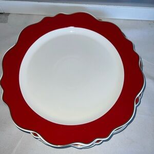 GRACE'S TEAWARE Dinner Plates Red Band Gold Trim Scalloped Edge NWOT Set (4) 11”